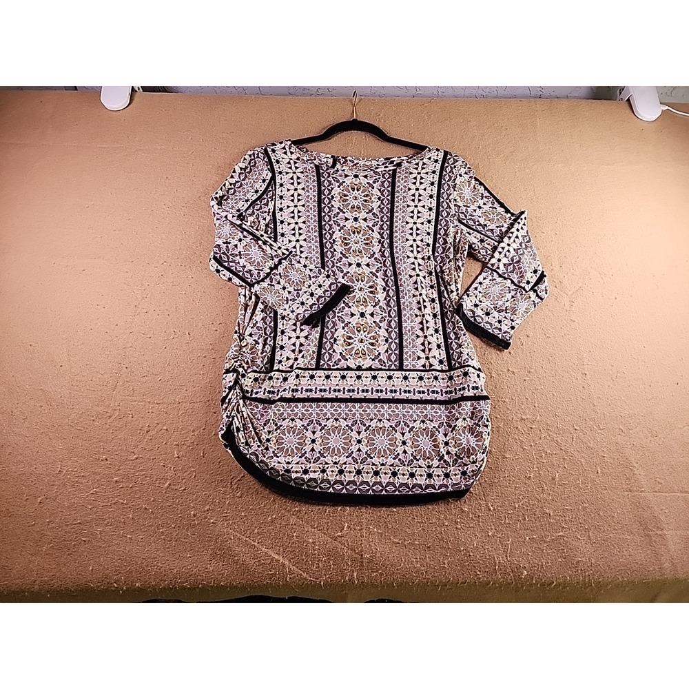 Ruby Rd Womens Geometric Tile Print Embellished Boat Neck 3/4 Sleeve Top Size M